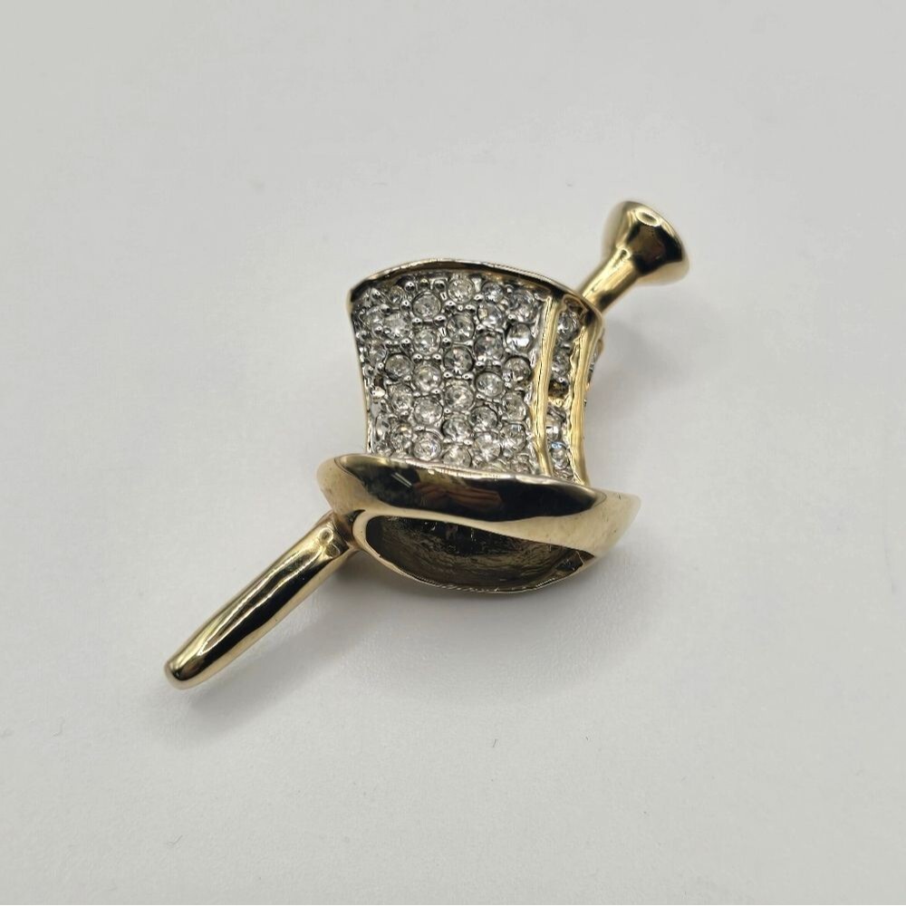 Vintage Gold Tone Rhinestone Top Hat Rhinestone Brooch